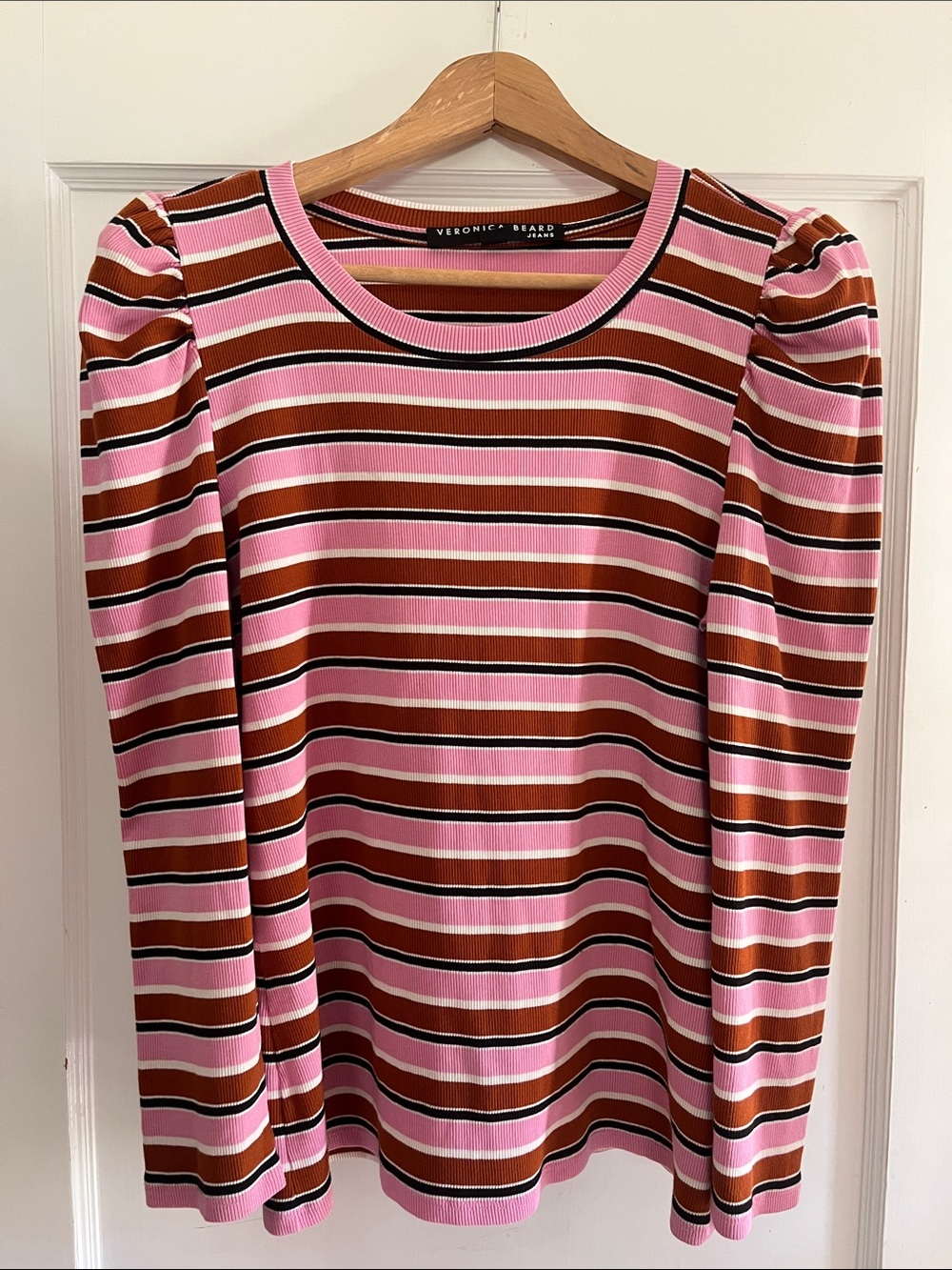Veronica Beard Britney Pink, Brown & Black Striped Puff-Sleeve Long Sleeve Top